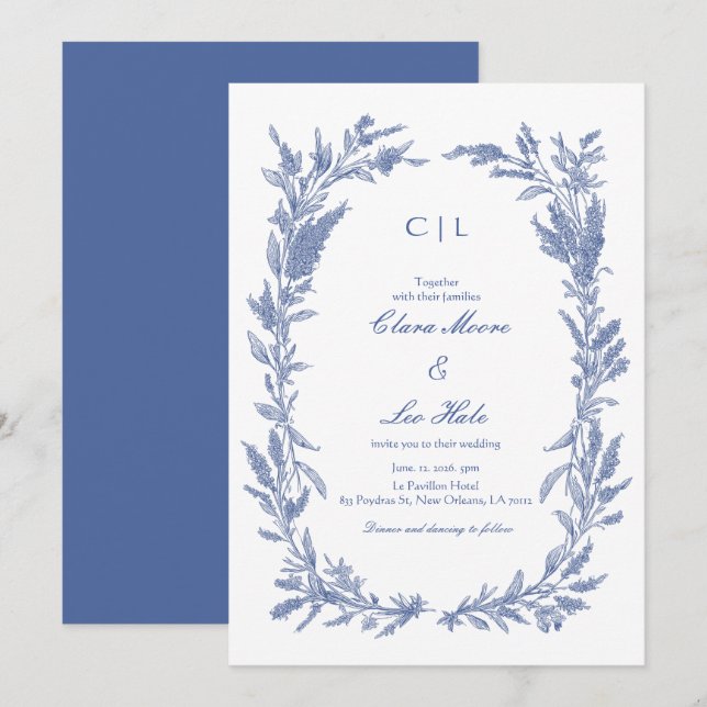 Romantic Dusty Blue Wildflower Wreath Wedding Invitation (Front/Back)
