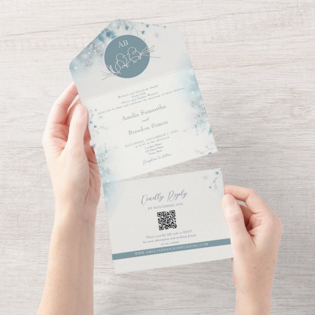 Romantic Dusty Blue Winter Wedding All In One Invitation (Tearaway)