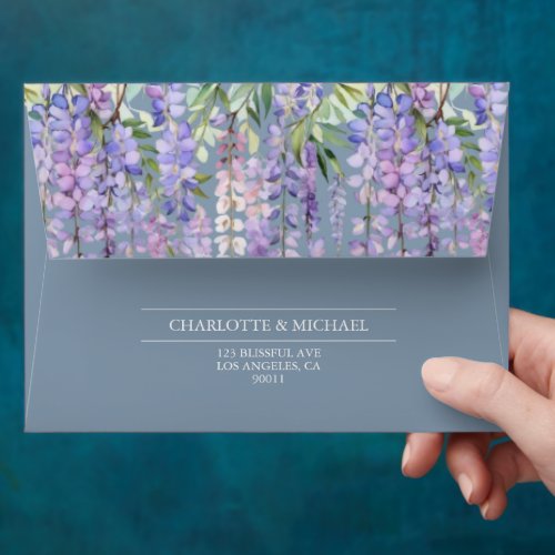 Romantic Dusty Blue Wisteria Garden Floral Wedding Envelope