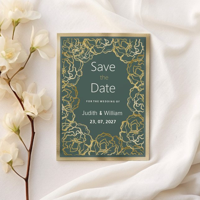 Romantic dusty green gold rose flora Save the Date Invitation (Romantic dusty green gold rose flora Save the Date)