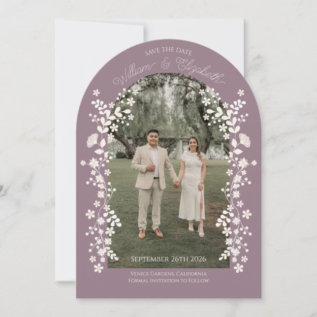 Romantic Dusty Lavender Floral Arch Save the Date Invitation (Front)