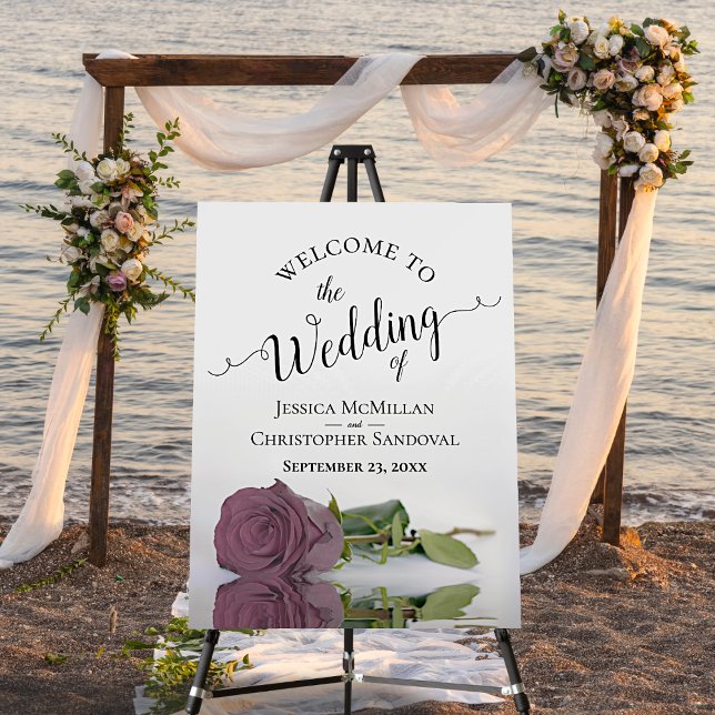 Romantic Dusty Mauve Rose Elegant Wedding Welcome Foam Board (In Situ on Stand at Beach)