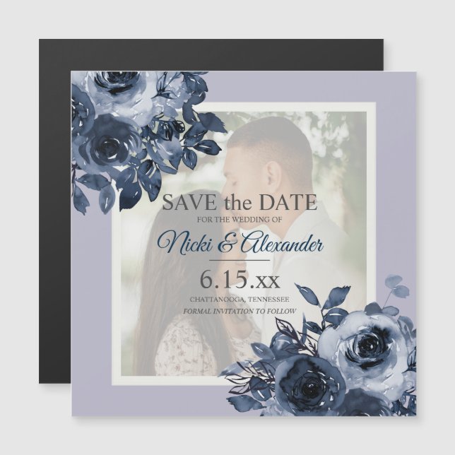 Romantic Dusty Navy Blue Photo Save Date Magnetic Invitation (Front/Back)