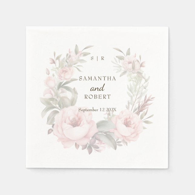 Romantic Dusty Pink Faded Floral Rose Monogram Napkins (Front)