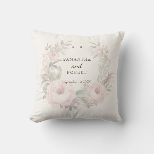 Romantic Dusty Pink Faded Floral Rose Monogram Throw Pillow