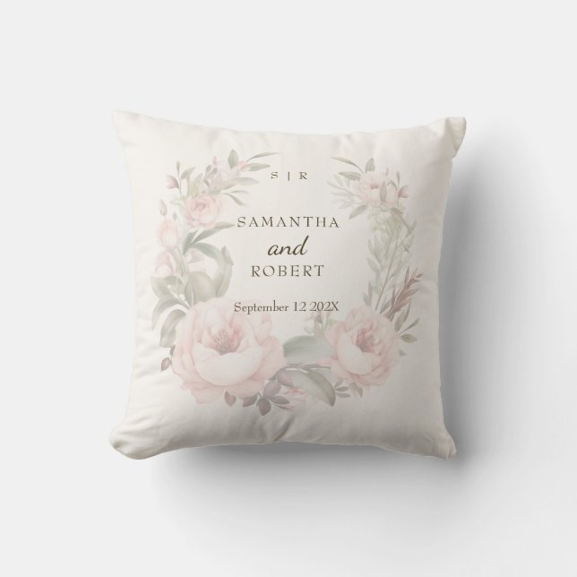 Romantic Dusty Pink Faded Floral Rose Monogram Throw Pillow (Front)