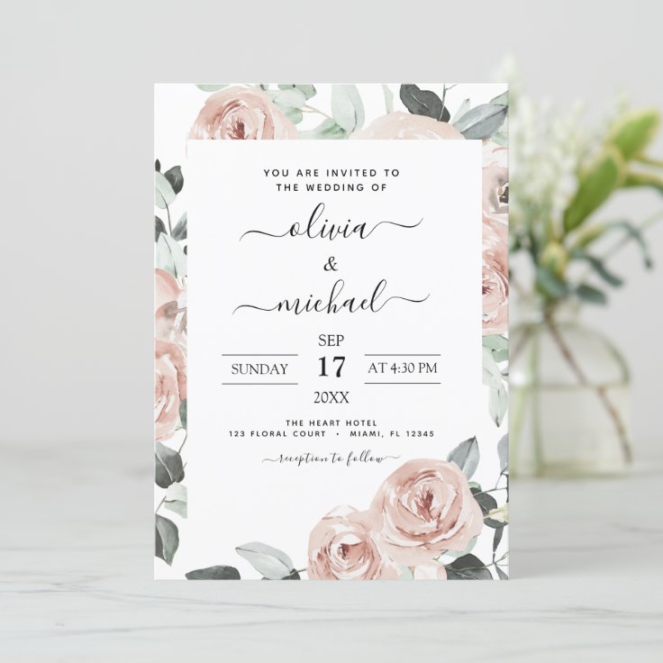 Romantic Dusty Pink Floral Wedding Invitation | Zazzle