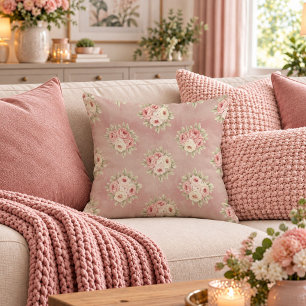 Romantic Dusty Pink Watercolor Shabby Chic Flowers Throw Pillow