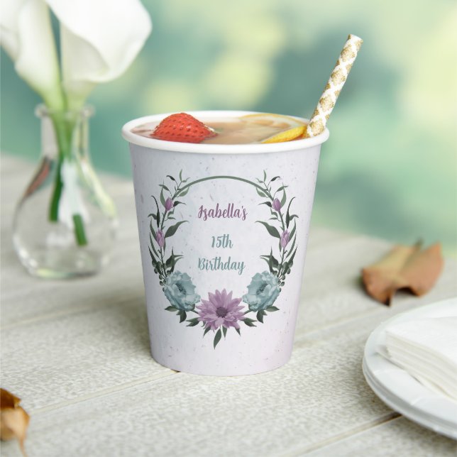 romantic dusty purple and blue flowers  paper cups (Insitu)