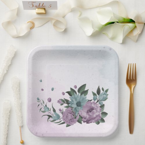 romantic dusty purple and blue flowers  paper plates