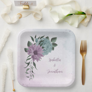 romantic dusty purple and blue flowers paper plates