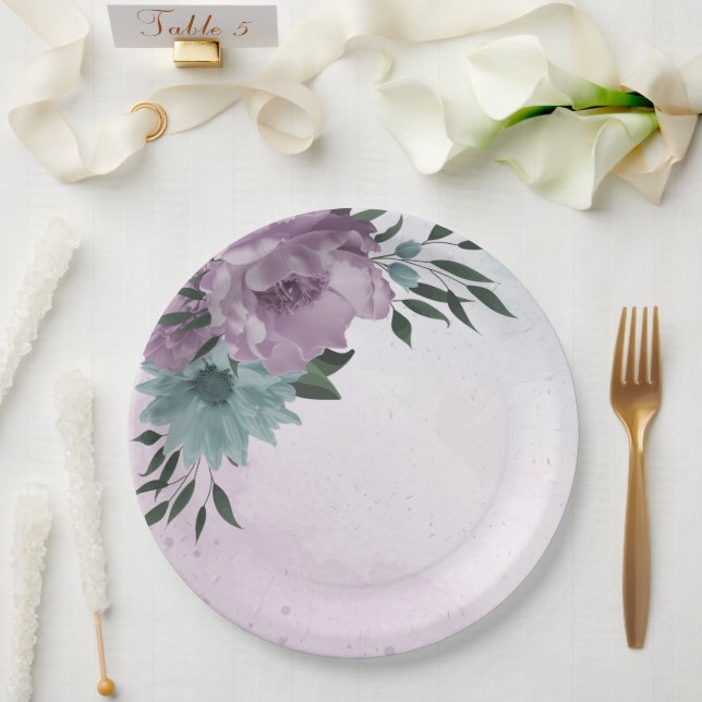 romantic dusty purple and blue flowers  paper plates (Wedding)