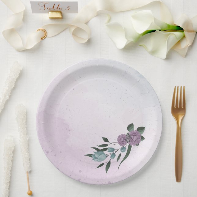 romantic dusty purple and blue flowers  paper plates (Wedding)