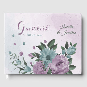 romantic dusty purple and blue flowers wedding gue guest book