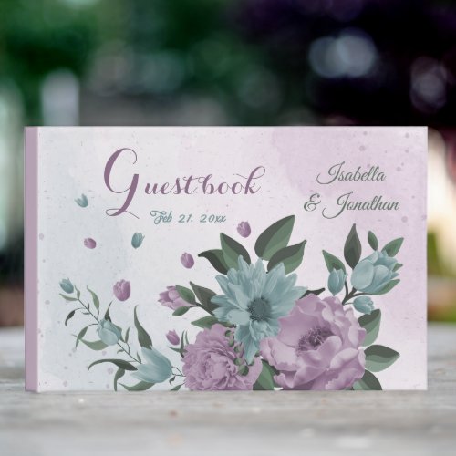 romantic dusty purple and blue flowers wedding gue guest book