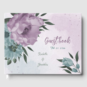 romantic dusty purple and blue flowers wedding guest book