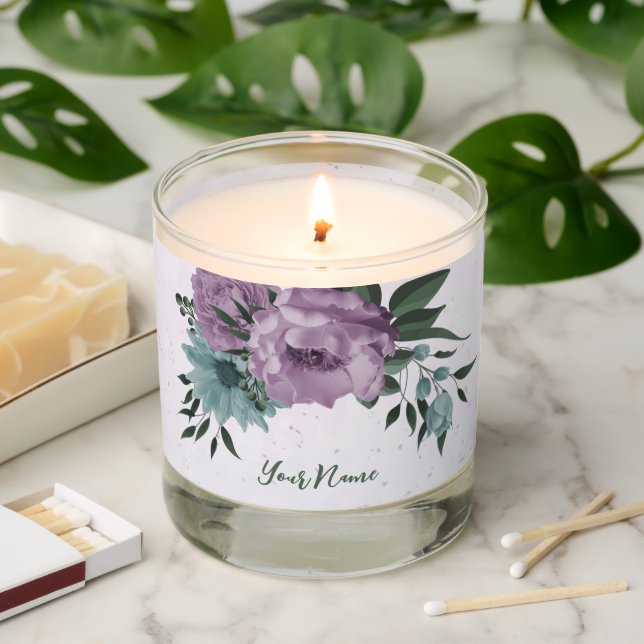 romantic dusty purple & blue floral scented candle (Lit)