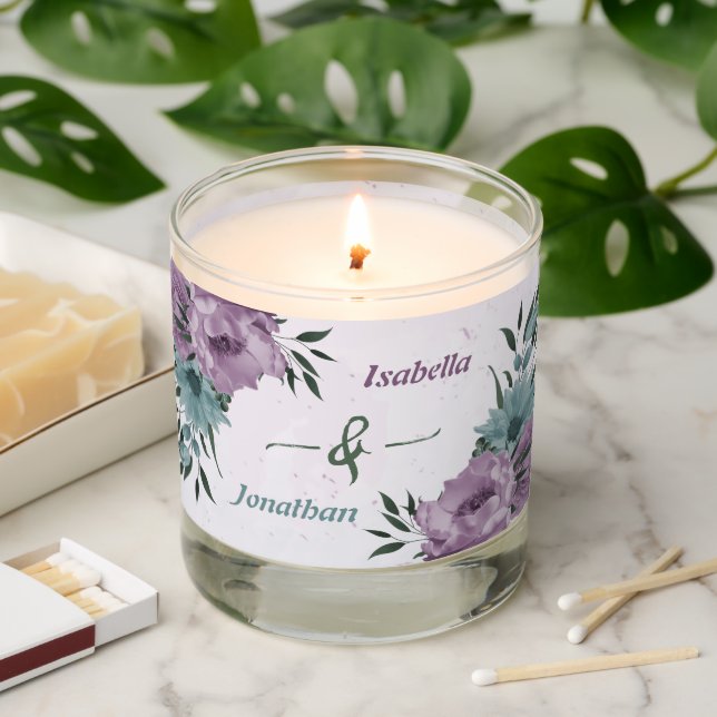 romantic dusty purple & blue floral wedding scented candle (Lit)
