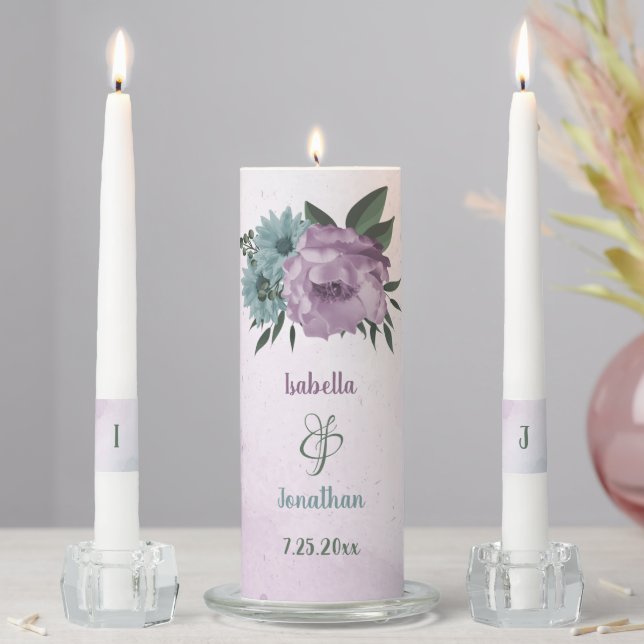 romantic dusty purple & blue floral wedding unity candle set (In Situ)