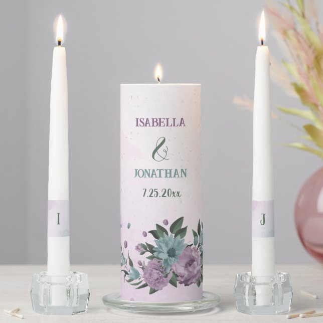 romantic dusty purple & blue floral wedding unity candle set (In Situ)