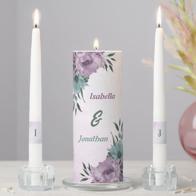 romantic dusty purple & blue floral wedding unity candle set (In Situ)