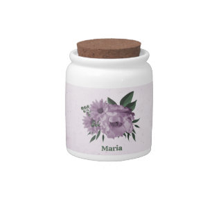 romantic dusty purple flowers greenery candy jar