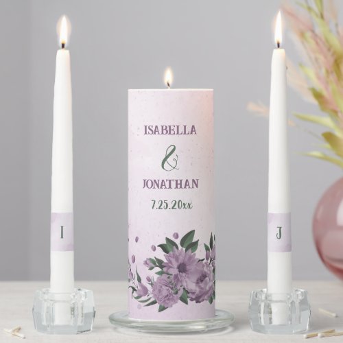romantic dusty purple flowers greenery wedding unity candle set