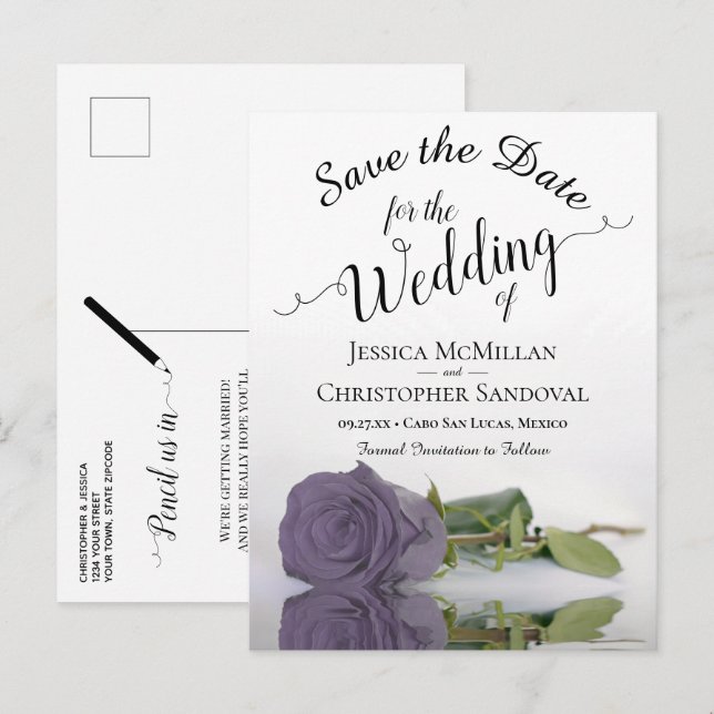 Romantic Dusty Purple Rose Wedding Save the Date Announcement Postcard (Front/Back)