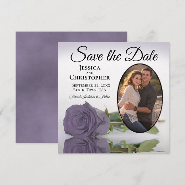 Romantic Dusty Purple Rose with Oval Photo Wedding Save The Date (Front/Back)