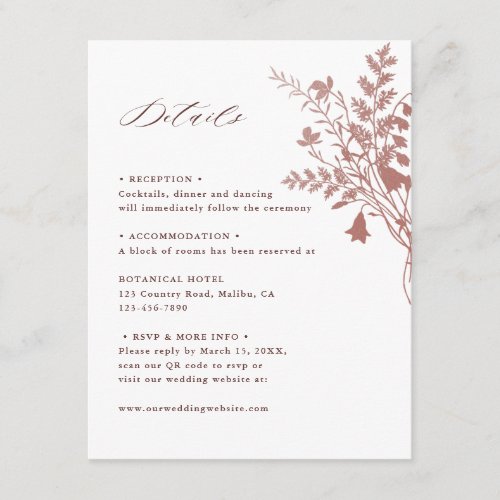 Romantic Dusty Rose Botanical Wedding Details Enclosure Card
