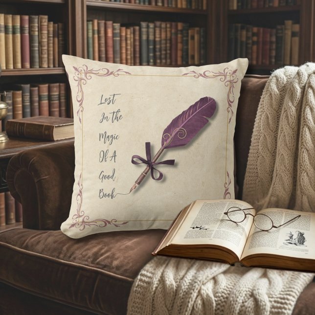 Romantic Dusty Rose Literary Quill Throw Pillow (Create a cozy literary escape with this romantic dusty rose storybook throw pillow.)
