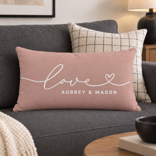 Romantic Dusty Rose Love Heart Couple Names Lumbar Pillow