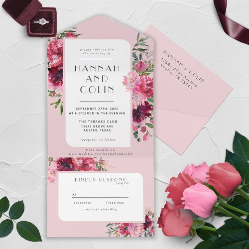 Romantic Dusty Rose Peony Modern Frame All In One  All In One Invitation
