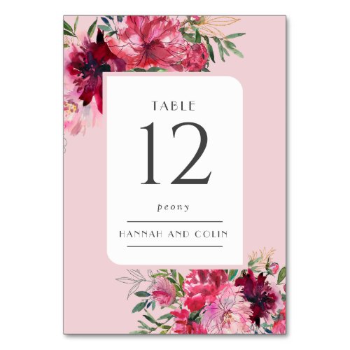 Romantic Dusty Rose Peony Modern Frame Table Number