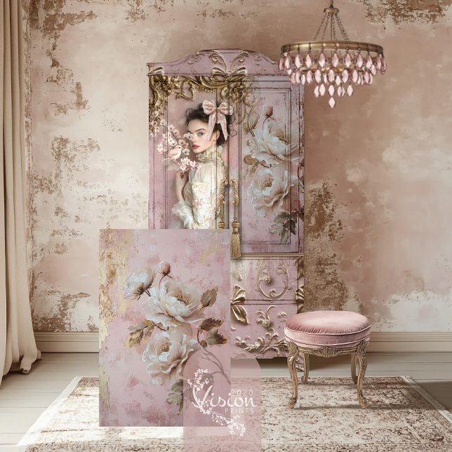 Romantic Dusty Rose Pink & Beige Peony floral Tissue Paper (Rose Pink, Romantic Peony Floral and Patina with gold foil effects, Decoupage Tissue Paper.)