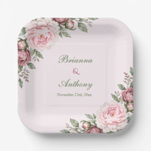 Romantic Dusty Rose Pink Peony Botanical Wedding Paper Plates
