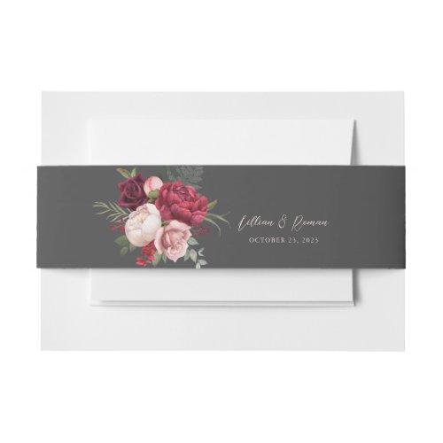 Romantic Dusty Rose Pink Rose Bouquet Gray Wedding Invitation Belly Band