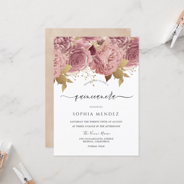 Romantic Dusty Roses Blush Quinceanera Party Invitation (Front/Back In Situ)