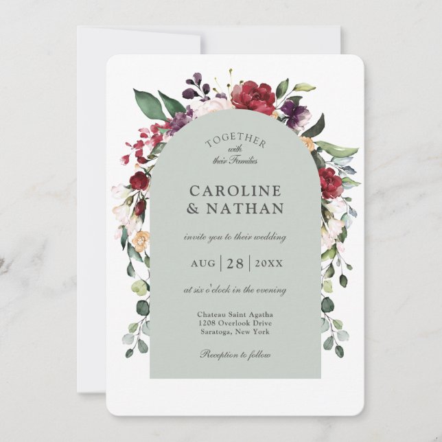 Romantic Dusty Sage Arch Floral Wedding Invitation (Front)