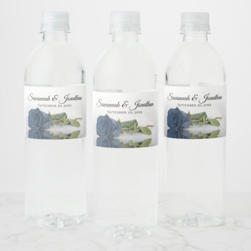 Romantic Dusty Steel Blue Rose Elegant Wedding Water Bottle Label