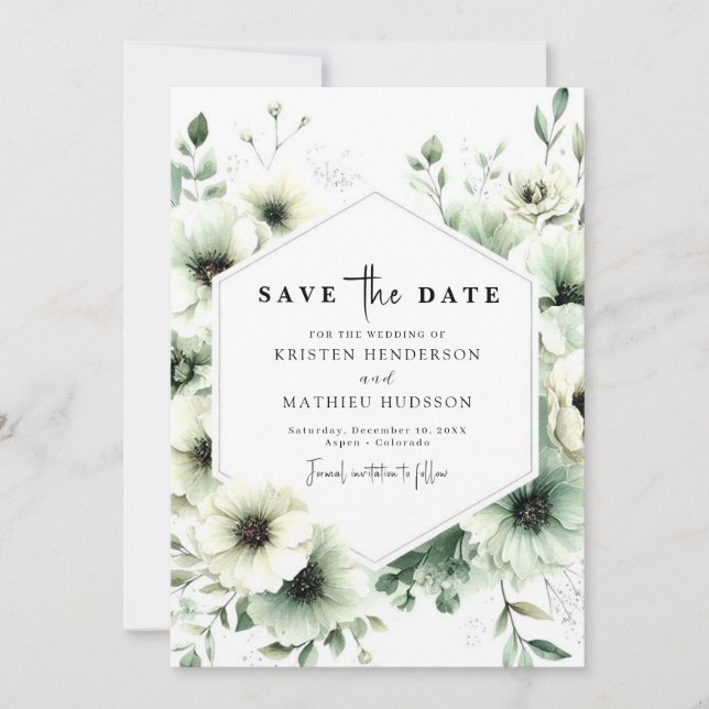 Romantic Earthy Botanical Sage Green Wedding  Save The Date (Front)