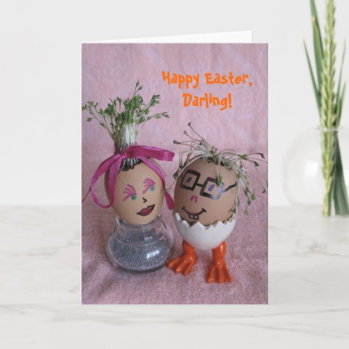 Romantic Easter Eggmen Couple Eggs with Hair Serie Holiday Card