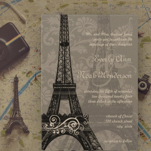 Romantic Eiffel Tower Damask Wedding Invitation