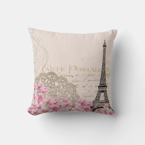 Romantic Eiffel tower Paris motif pink magnolias  Throw Pillow