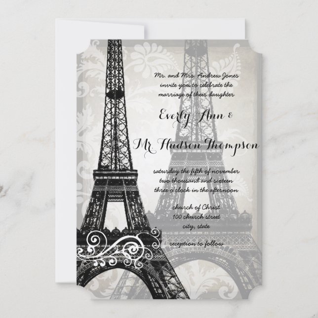 Romantic Eiffel Tower Shadows Damask Wedding Invitation (Front)
