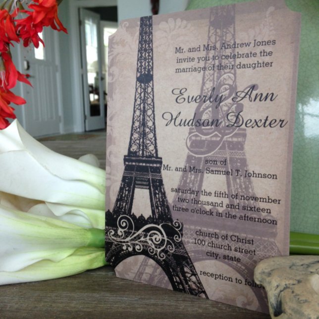 Romantic Eiffel Tower Shadows Damask Wedding Invitation (Creator Uploaded)