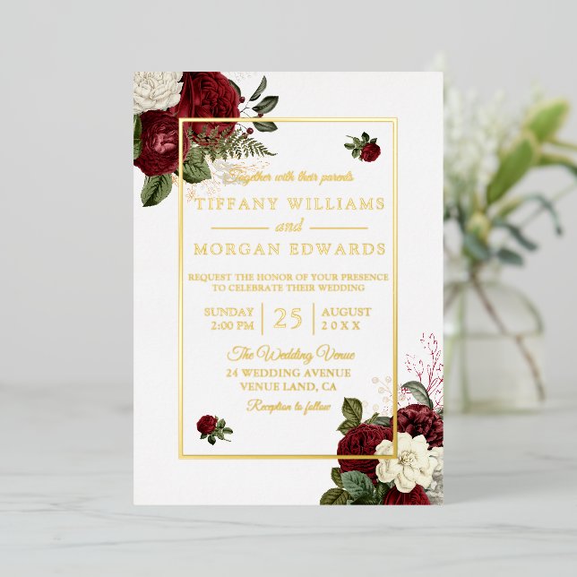 Romantic Elegance: Burgundy & White Floral Wedding Foil Invitation (Standing Front)