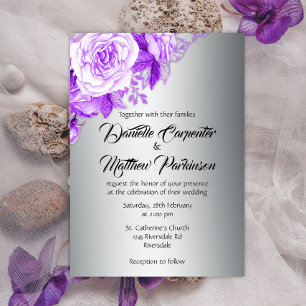 Romantic Elegance Silver and Purple Roses Wedding Invitation