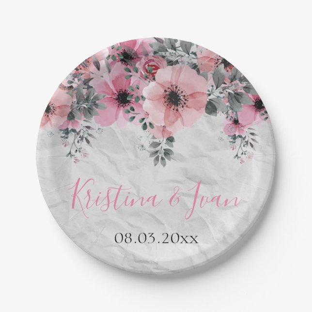 Romantic Elegant Antique Floral Wedding Paper Plates (Front)