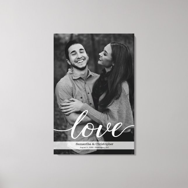 Romantic elegant black and white engagement photo canvas print (Front)